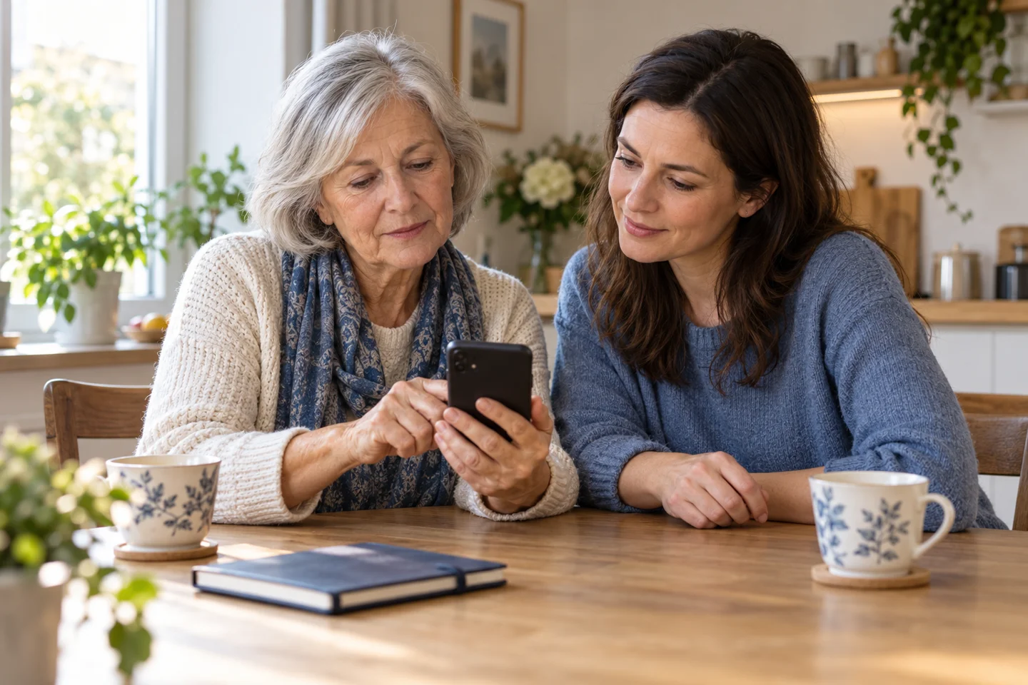 Eine Angehörige unterstützt eine ältere Frau beim Blick auf ihr Smartphone.